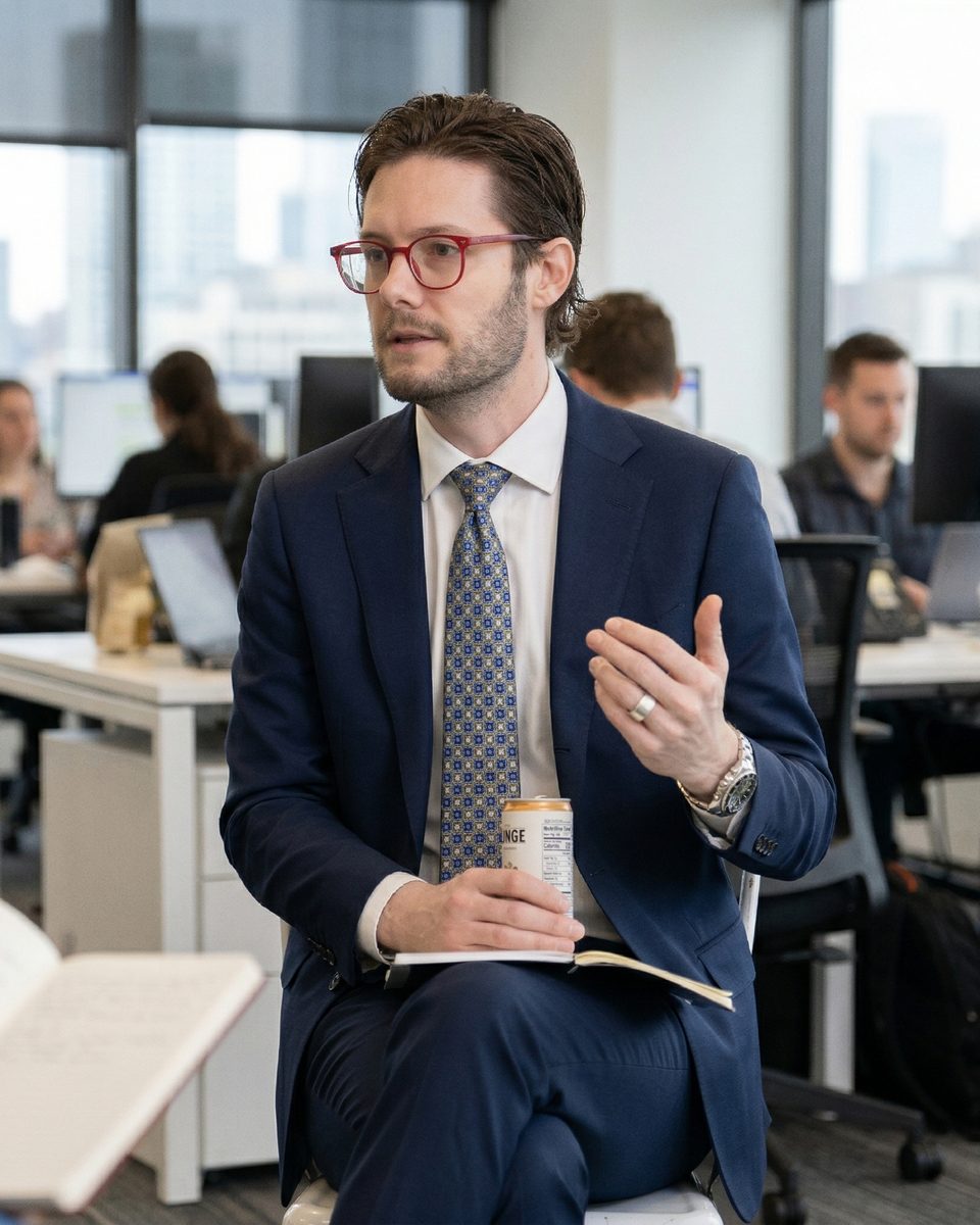 Shane Dixon mid-conversation in an open office, gesturing while making a point.